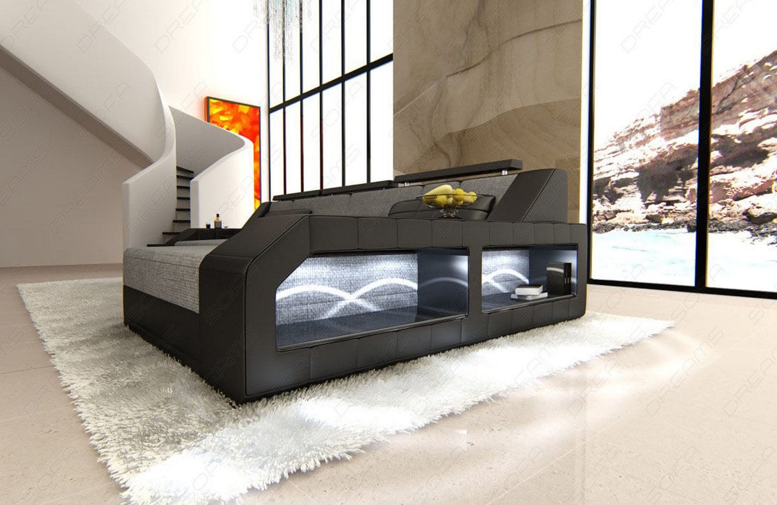 Couch Arezzo L Form Stoff mit LED Beleuchtung Grau-Schwarz