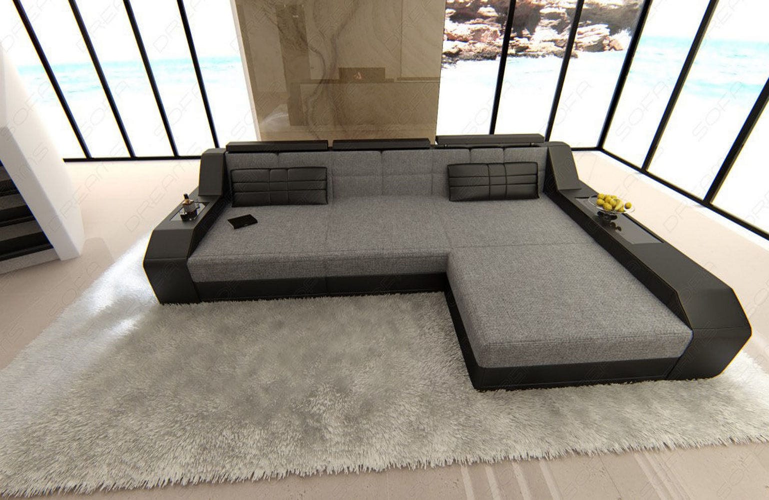 Couch Arezzo L Form Stoff mit LED Beleuchtung Grau-Schwarz