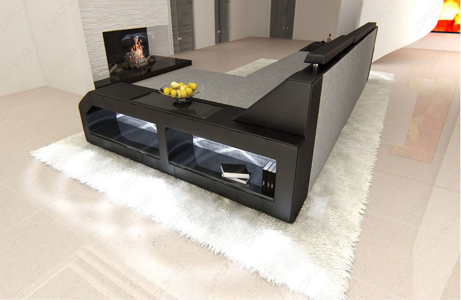 Couch Arezzo L Form Stoff mit LED Beleuchtung Grau-Schwarz
