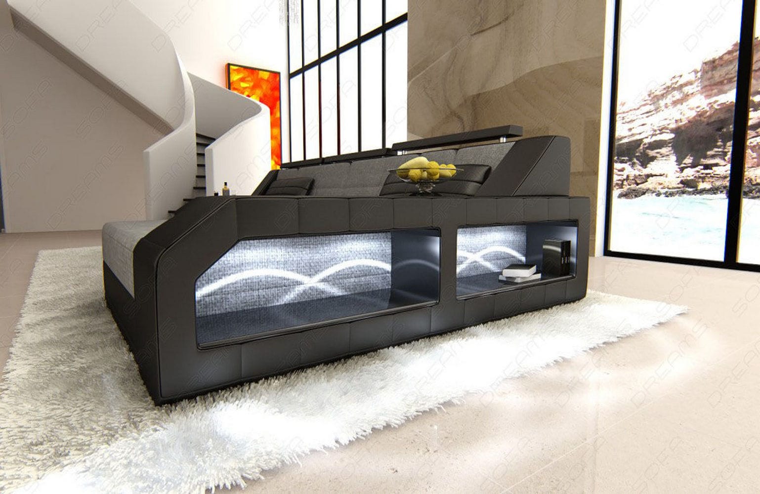 Couch Arezzo L Form Stoff mit LED Beleuchtung Grau-Schwarz