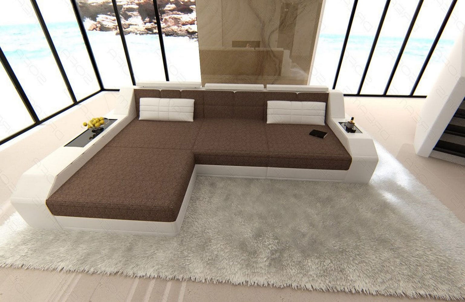 Ecksofa Arezzo L Form aus Stoff braun-weiß