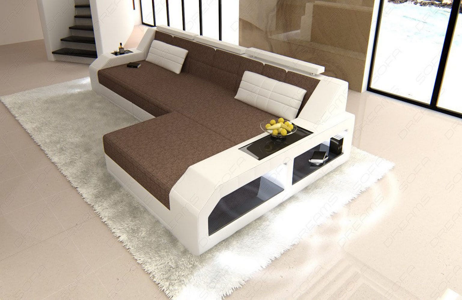 Ecksofa Arezzo L-Form aus Stoff braun-weiß