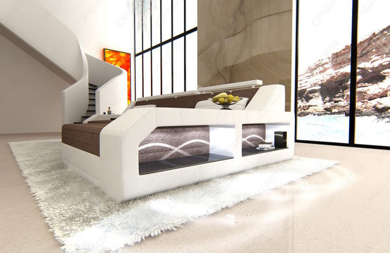 Ecksofa Arezzo L-Form aus Stoff braun-weiß