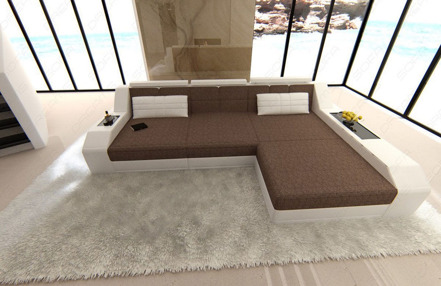 Ecksofa Arezzo L-Form aus Stoff braun-weiß