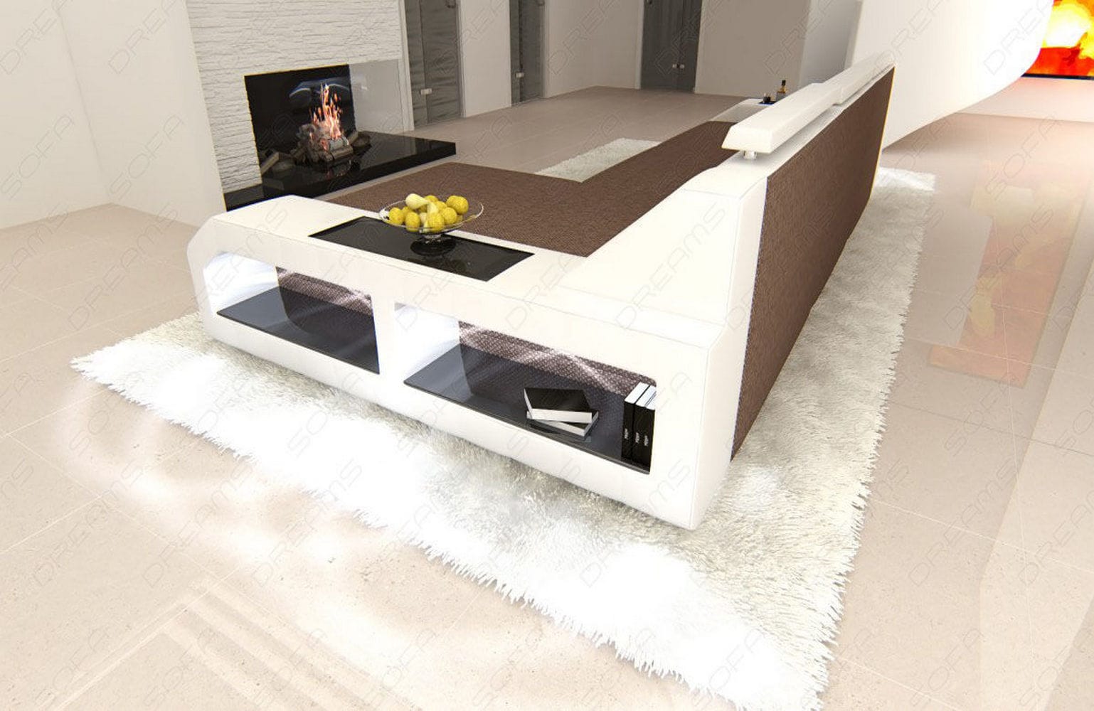 Ecksofa Arezzo L-Form aus Stoff braun-weiß