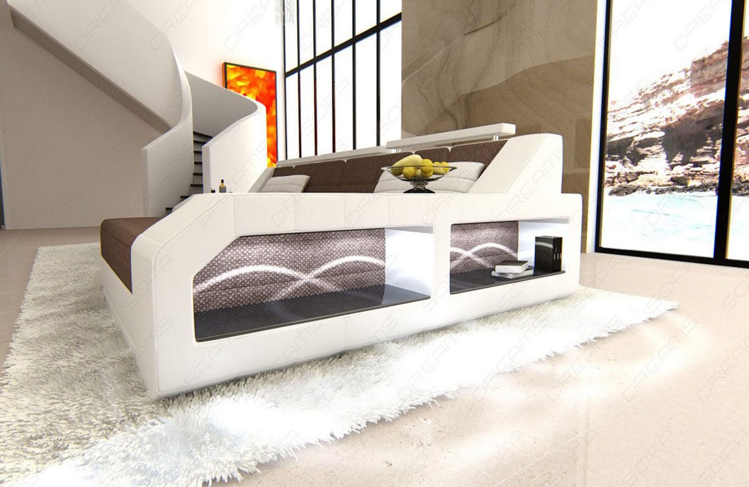 Ecksofa Arezzo L-Form aus Stoff braun-weiß