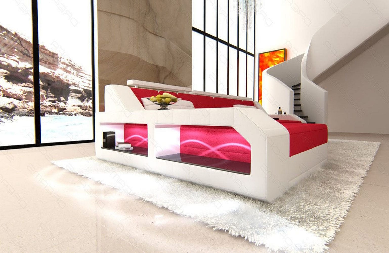 Ecksofa Arezzo L-Form aus Stoff Rot-Weiß