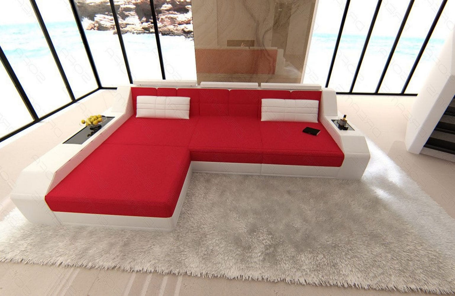 Ecksofa Arezzo L-Form aus Stoff Rot-Weiß