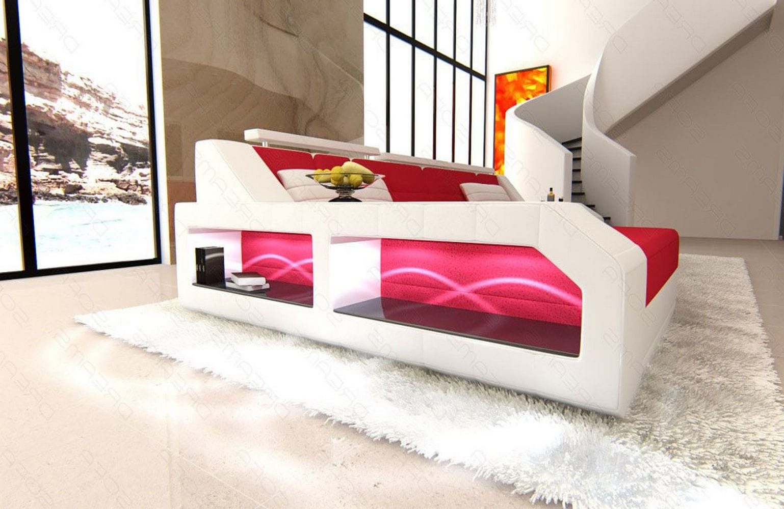 Ecksofa Arezzo L-Form aus Stoff Rot-Weiß