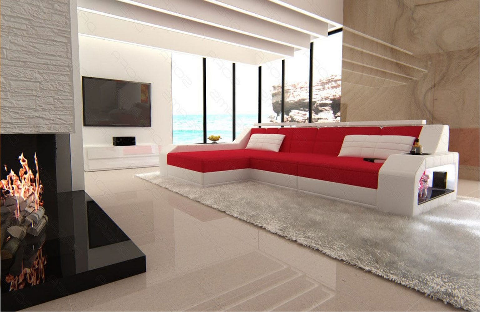Ecksofa Arezzo L-Form aus Stoff Rot-Weiß