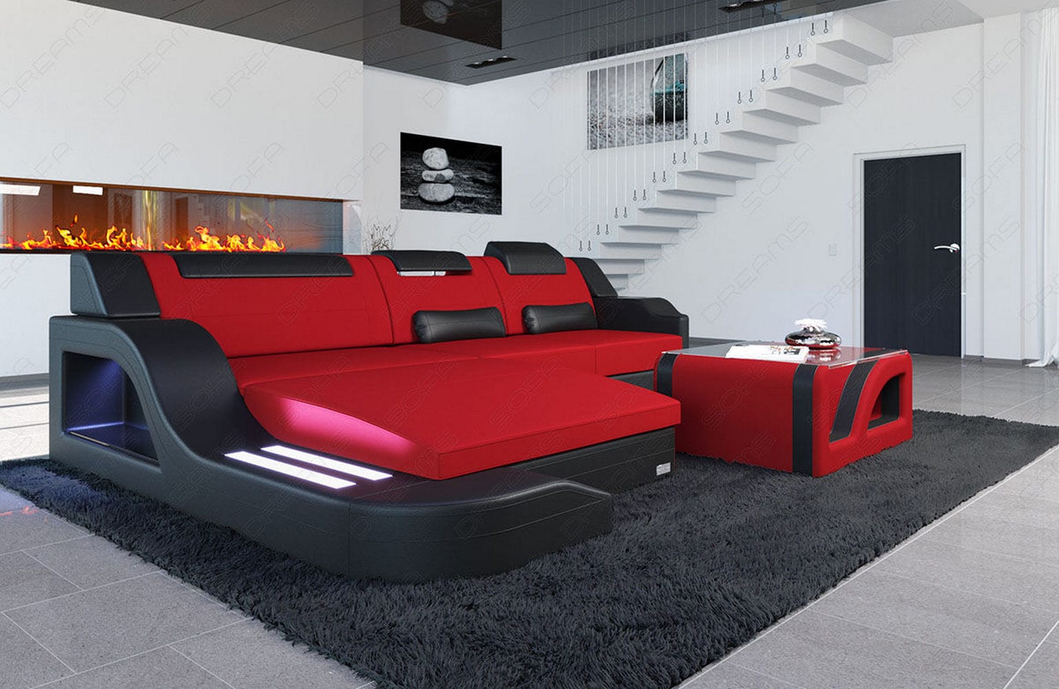 Stoffcouch Materialmix Palermo L-Form LED Rot-Schwarz