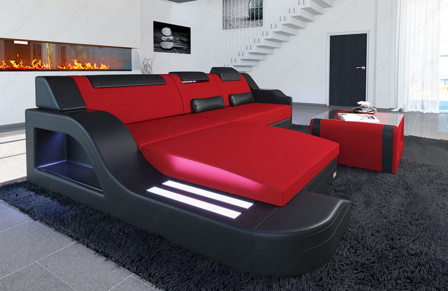 Stoffcouch Materialmix Palermo L-Form LED Rot-Schwarz