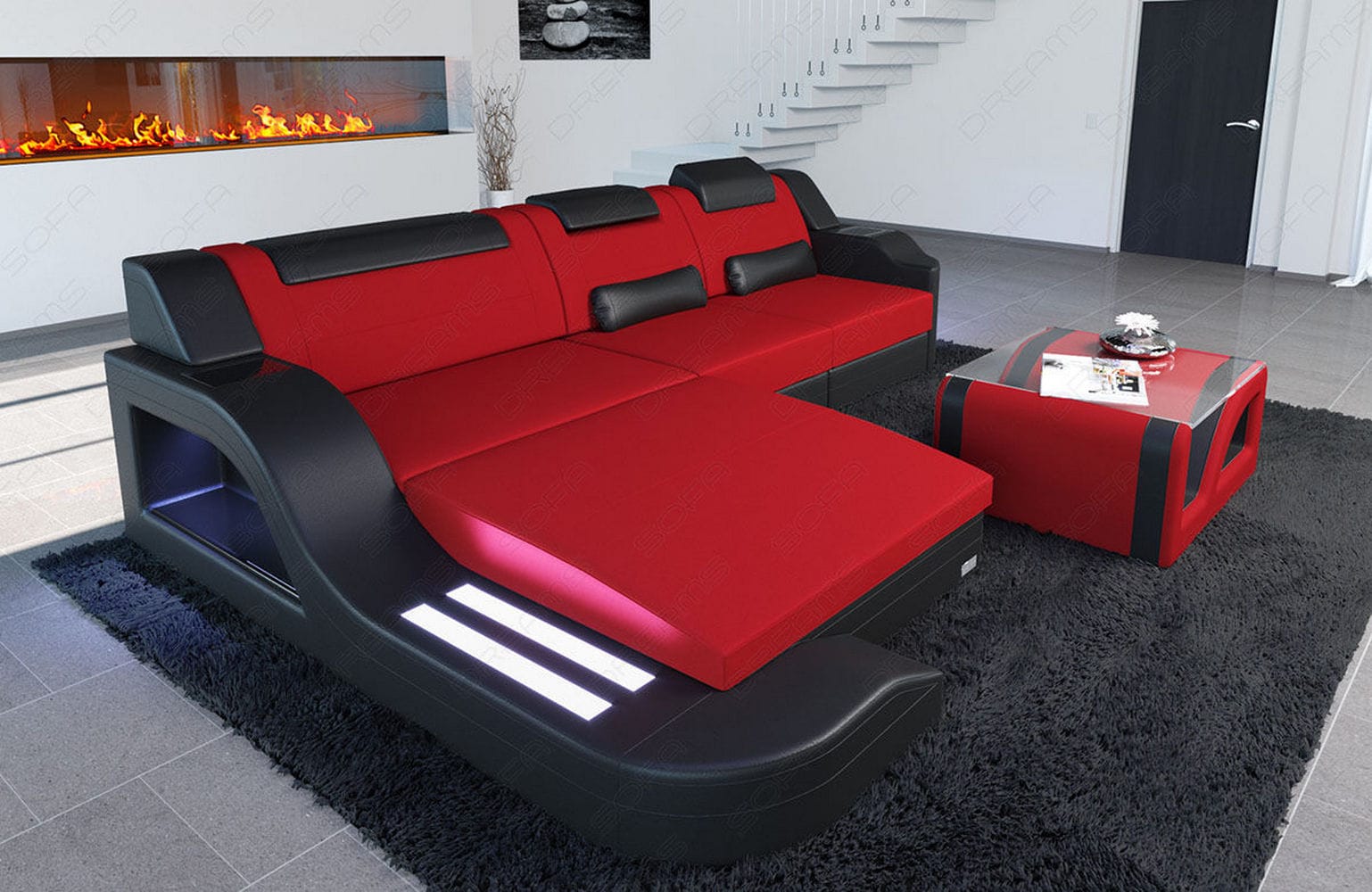 Stoffcouch Materialmix Palermo L-Form LED Rot-Schwarz