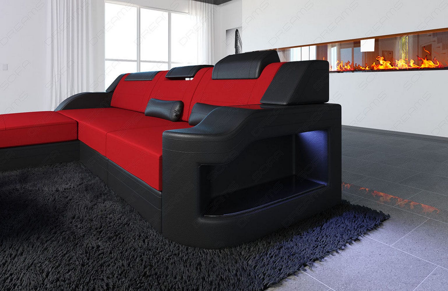Stoffcouch Materialmix Palermo L-Form LED Rot-Schwarz