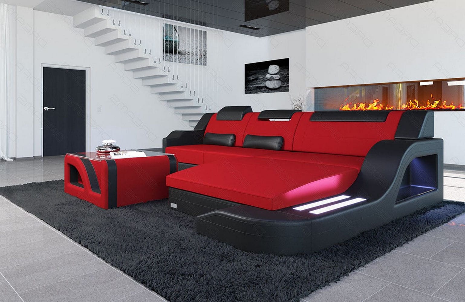 Stoffcouch Materialmix Palermo L-Form LED Rot-Schwarz