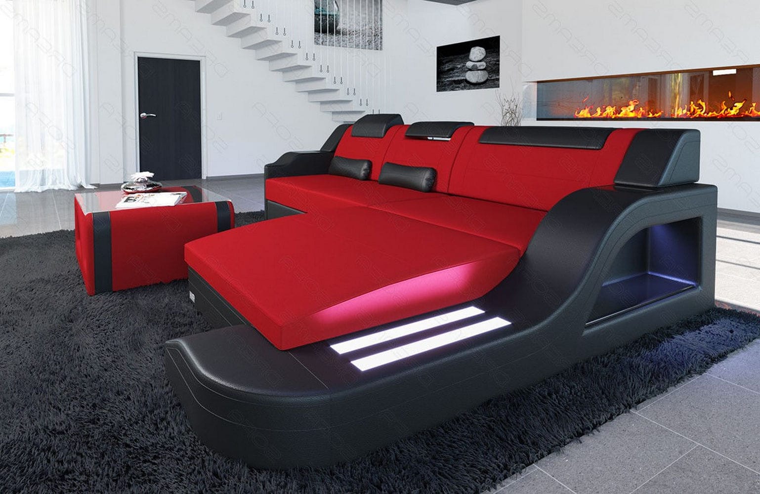 Stoffcouch Materialmix Palermo L-Form LED Rot-Schwarz