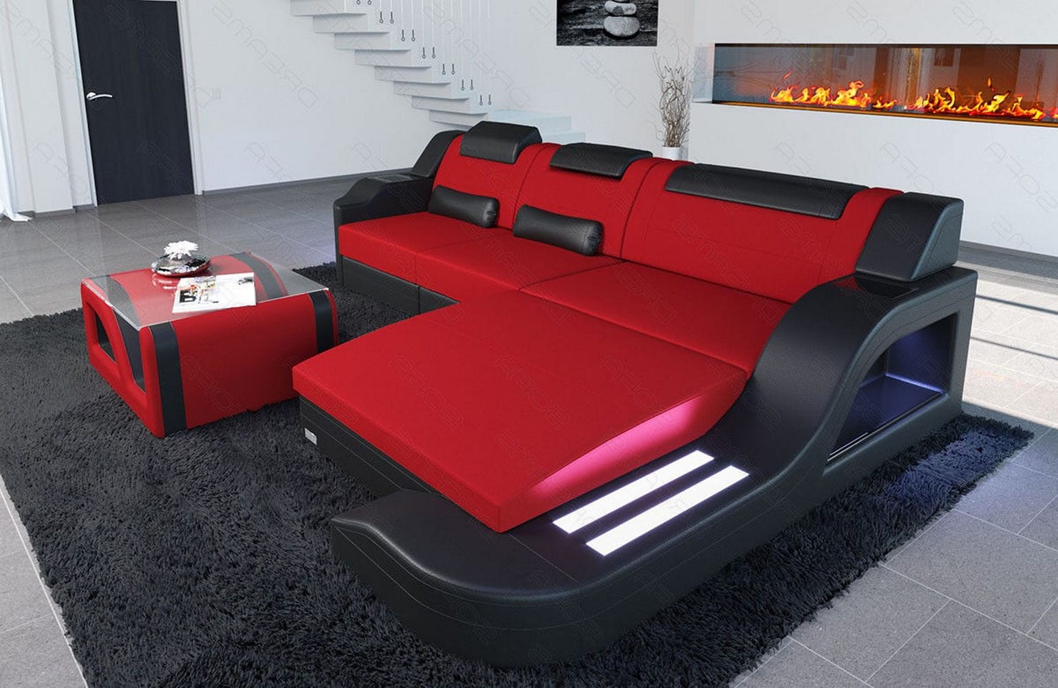 Stoffcouch Materialmix Palermo L-Form LED Rot-Schwarz