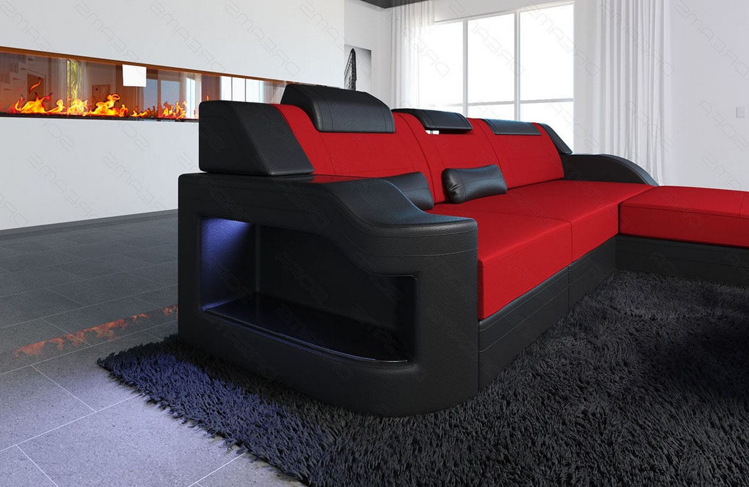Stoffcouch Materialmix Palermo L-Form LED Rot-Schwarz