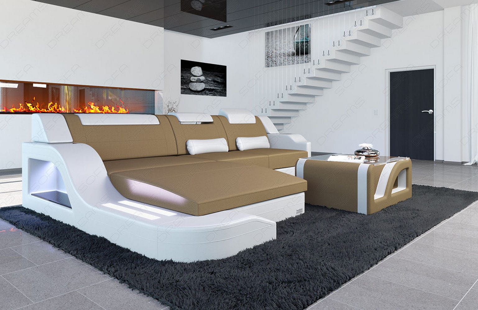 Stoffcouch Materialmix Palermo L-Form LED Cappuccino-Weiß