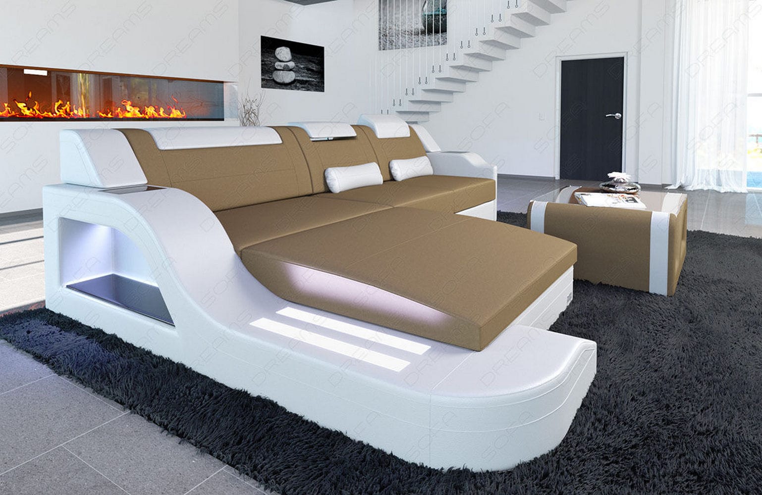 Stoffcouch Materialmix Palermo L-Form LED Cappuccino-Weiß