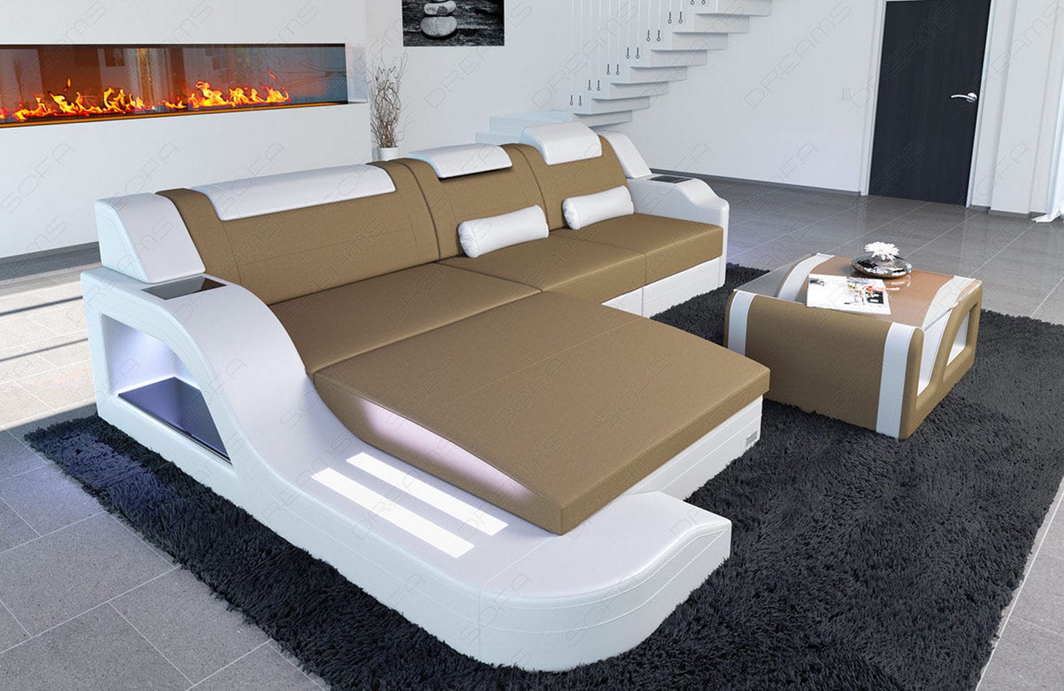 Stoffcouch Materialmix Palermo L-Form LED Cappuccino-Weiß