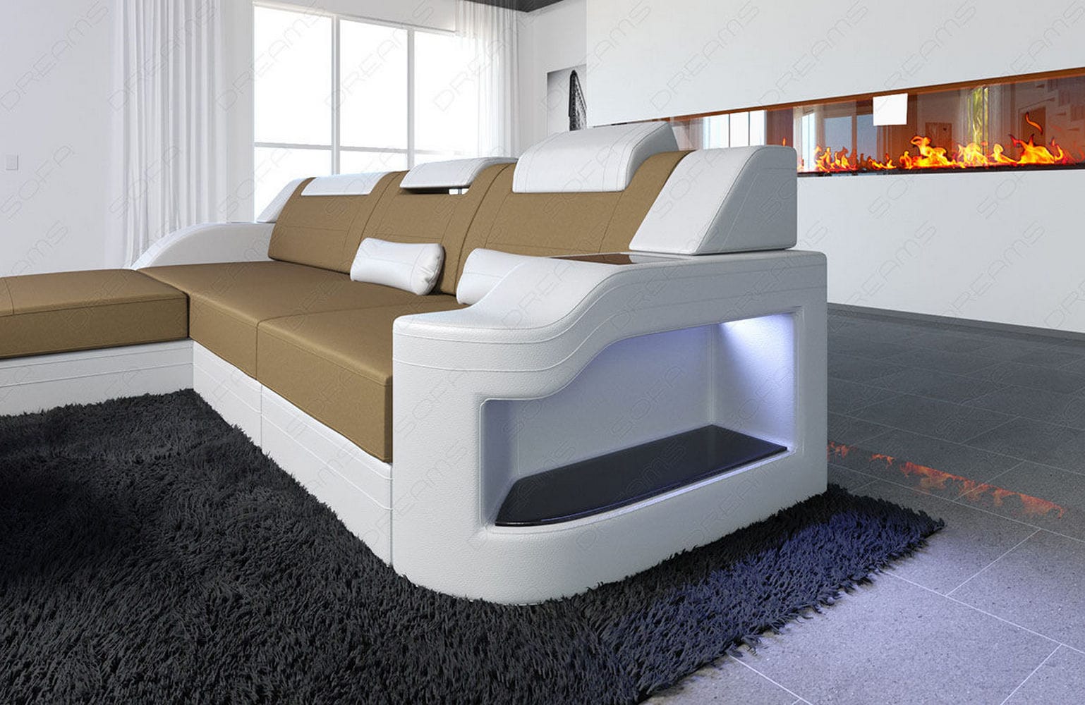 Stoffcouch Materialmix Palermo L-Form LED Cappuccino-Weiß