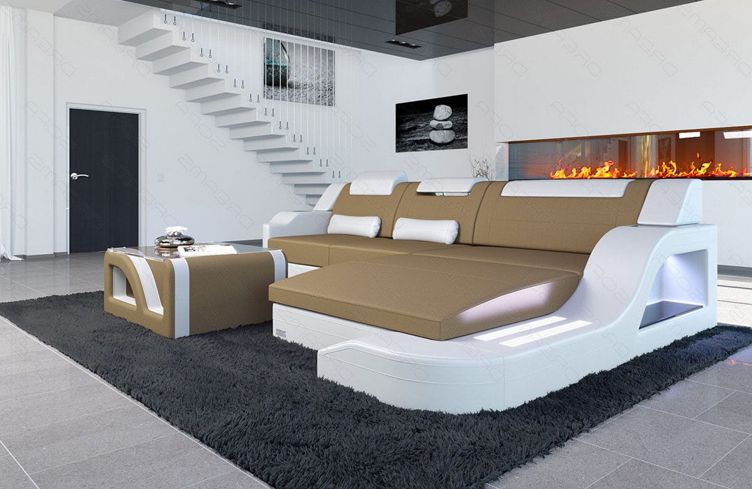 Stoffcouch Materialmix Palermo L-Form LED Cappuccino-Weiß