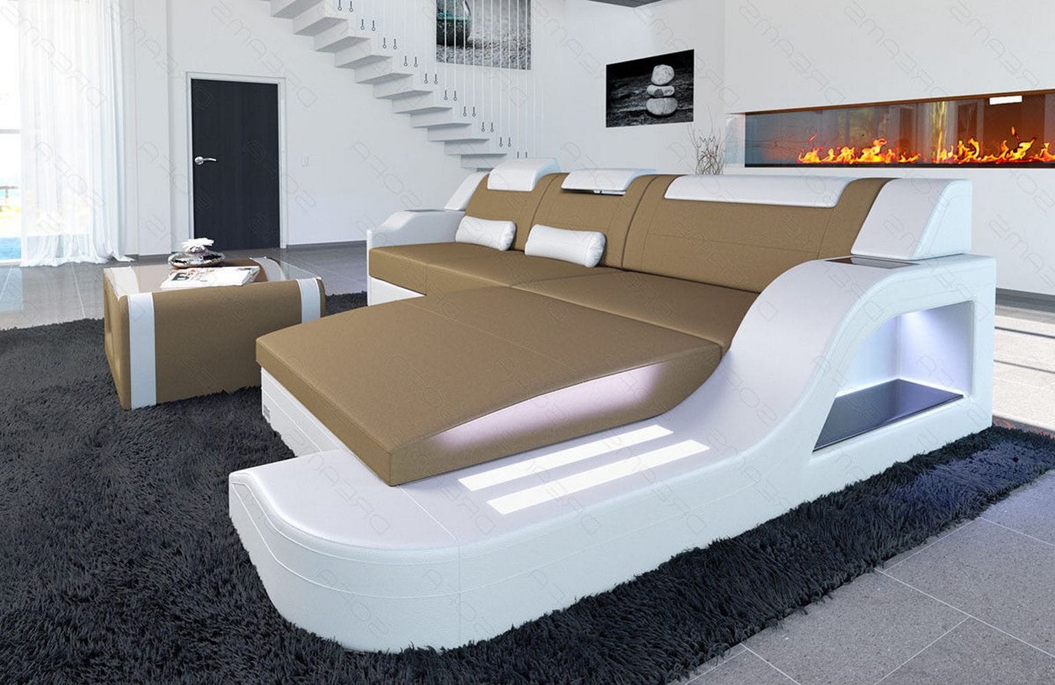 Stoffcouch Materialmix Palermo L-Form LED Cappuccino-Weiß