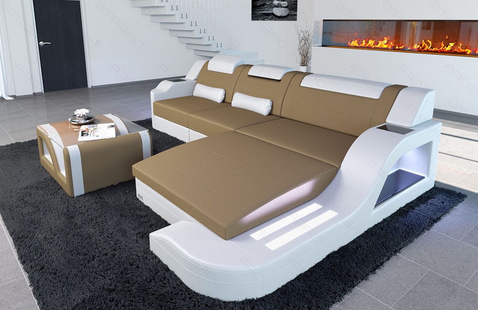 Stoffcouch Materialmix Palermo L-Form LED Cappuccino-Weiß