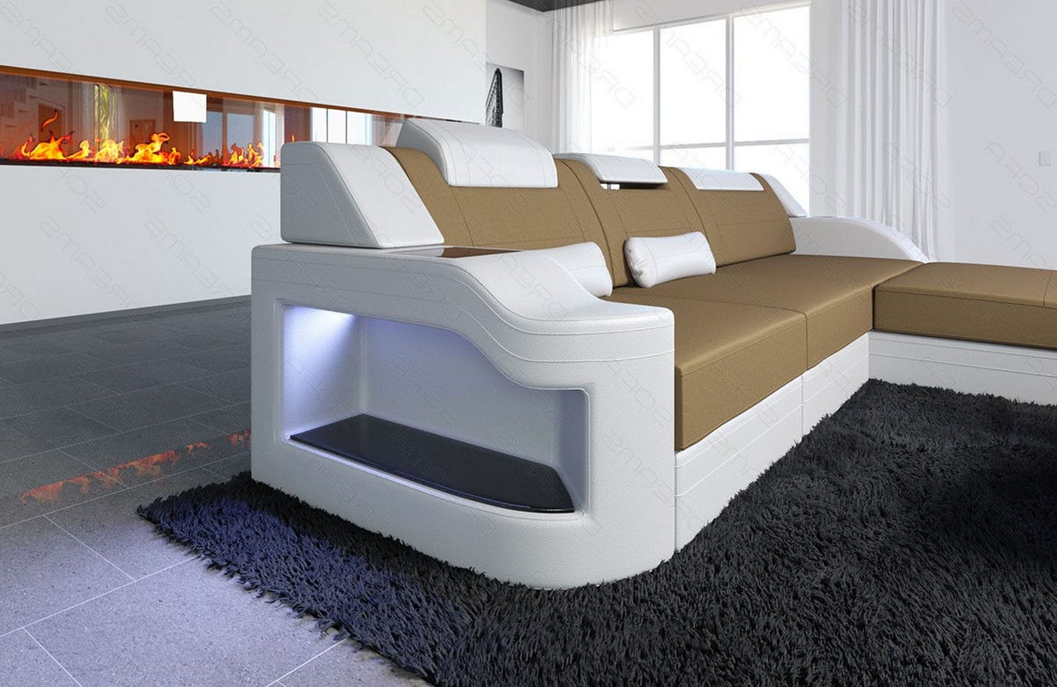 Stoffcouch Materialmix Palermo L-Form LED Cappuccino-Weiß
