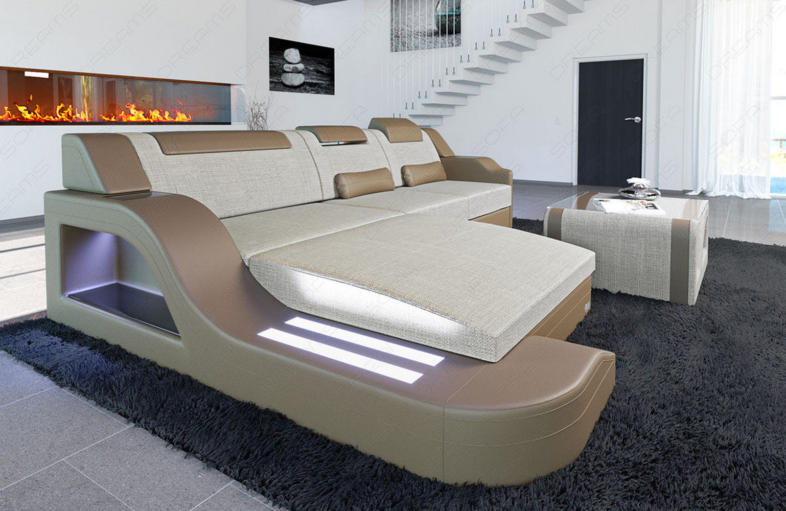 Stoffcouch Materialmix Palermo L-Form LED