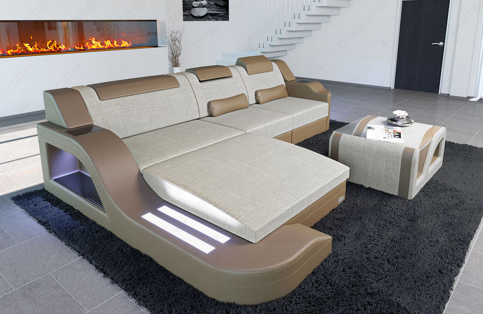 Stoffcouch Materialmix Palermo L-Form LED