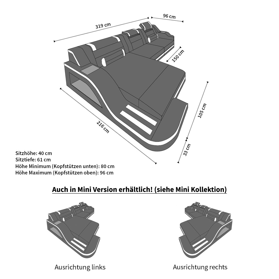 Stoffcouch Materialmix Palermo L-Form LED
