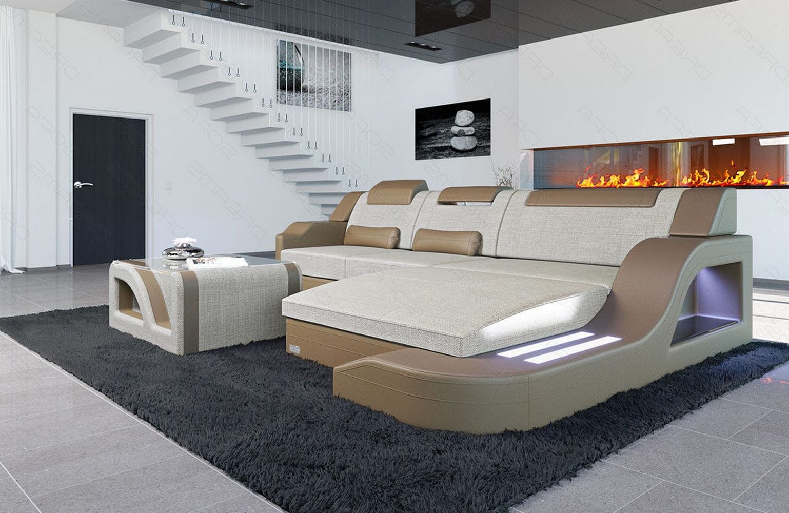 Stoffcouch Materialmix Palermo L-Form LED Elfenbein-Sandbeige