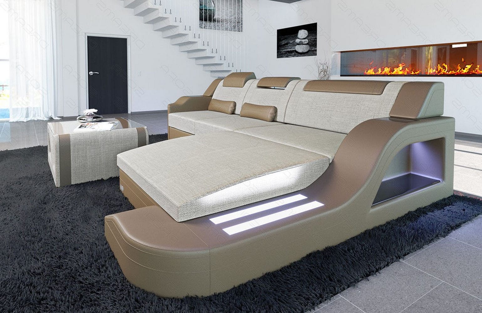 Stoffcouch Materialmix Palermo L-Form LED Elfenbein-Sandbeige