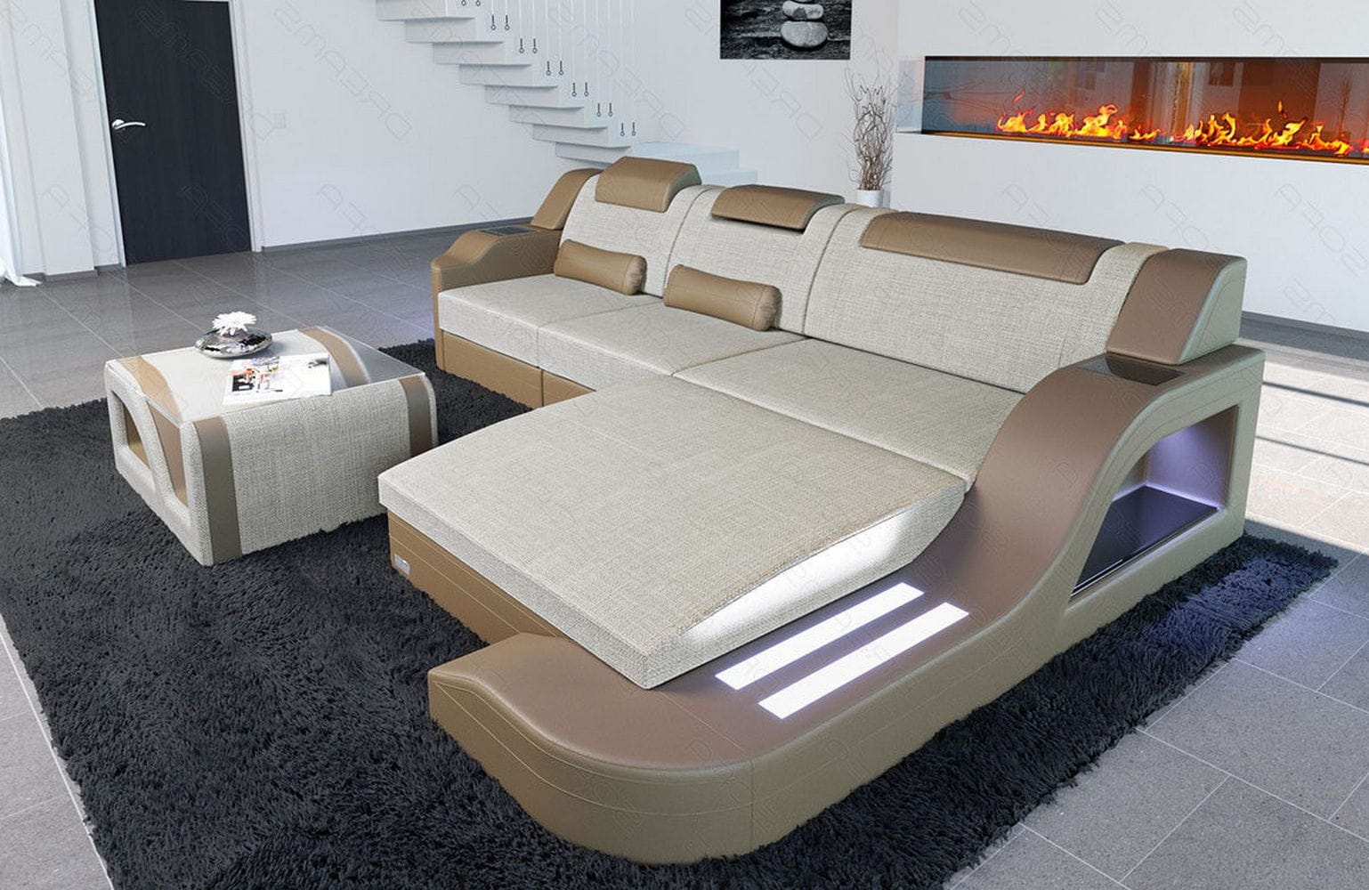 Stoffcouch Materialmix Palermo L-Form LED Elfenbein-Sandbeige