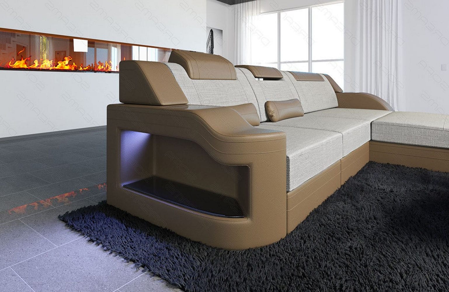 Stoffcouch Materialmix Palermo L-Form LED Elfenbein-Sandbeige