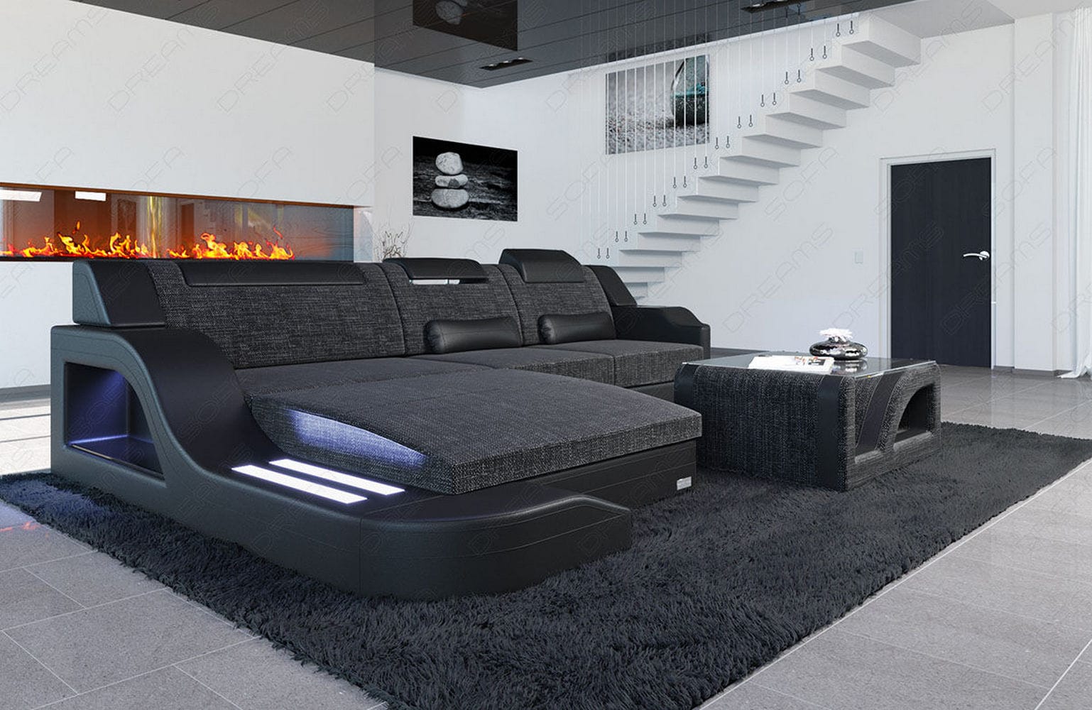Stoffcouch Materialmix Palermo L-Form LED Schwarzgrau-Schwarz