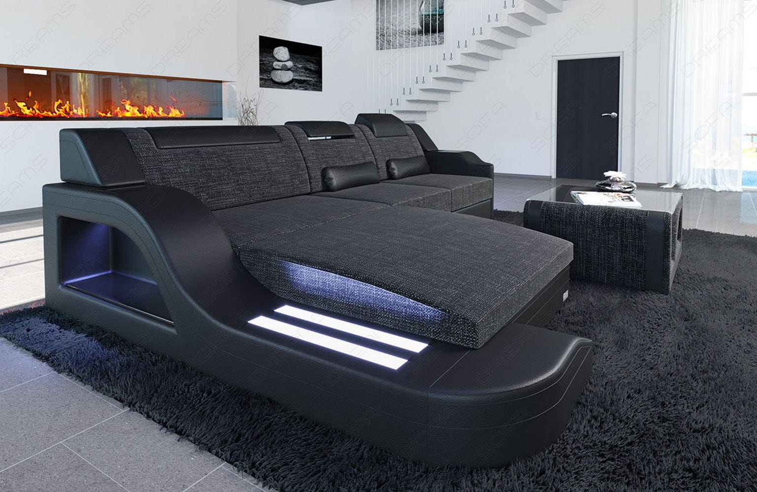 Stoffcouch Materialmix Palermo L-Form LED Schwarzgrau-Schwarz