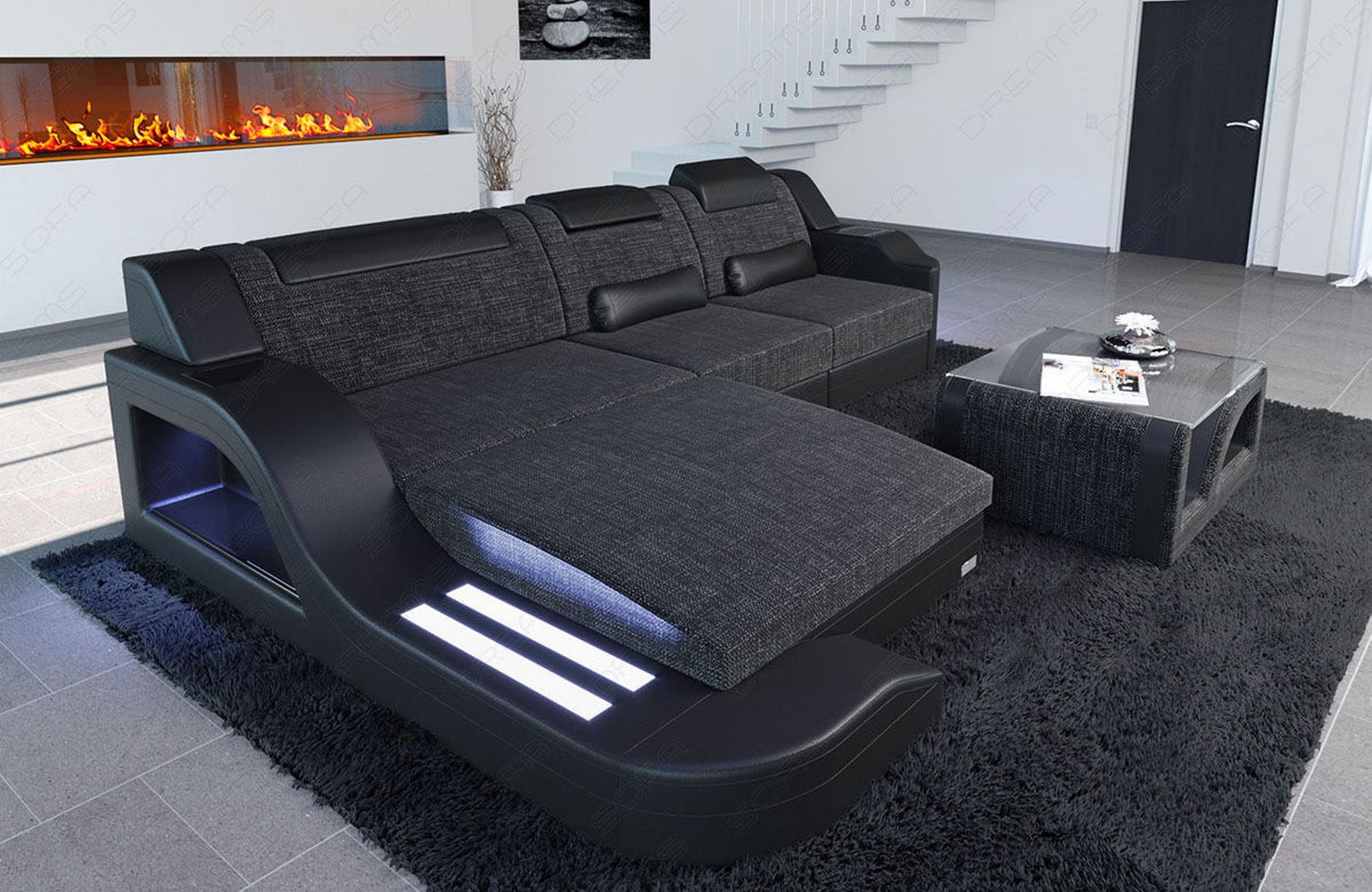 Stoffcouch Materialmix Palermo L-Form LED Schwarzgrau-Schwarz