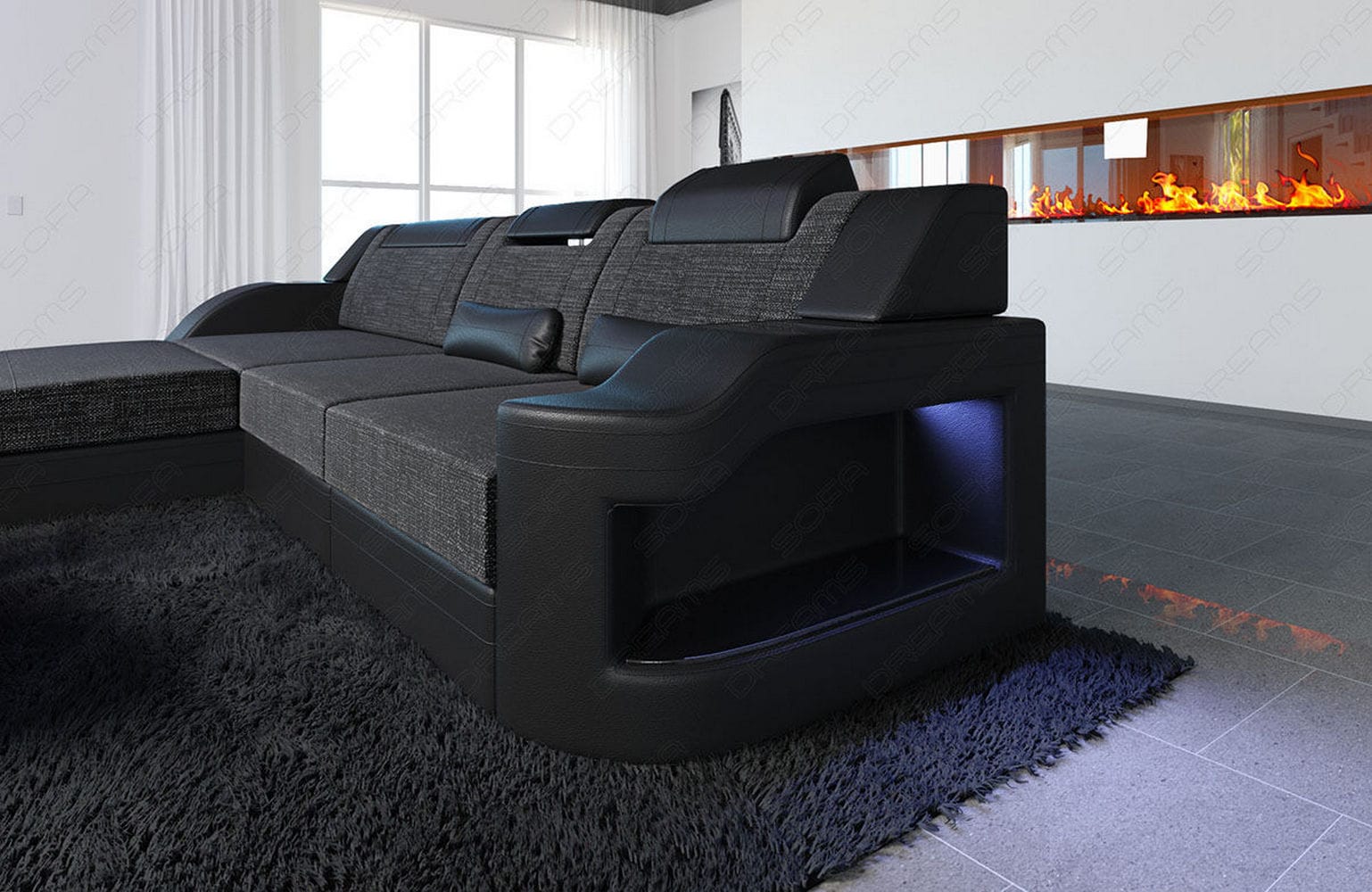 Stoffcouch Materialmix Palermo L-Form LED Schwarzgrau-Schwarz