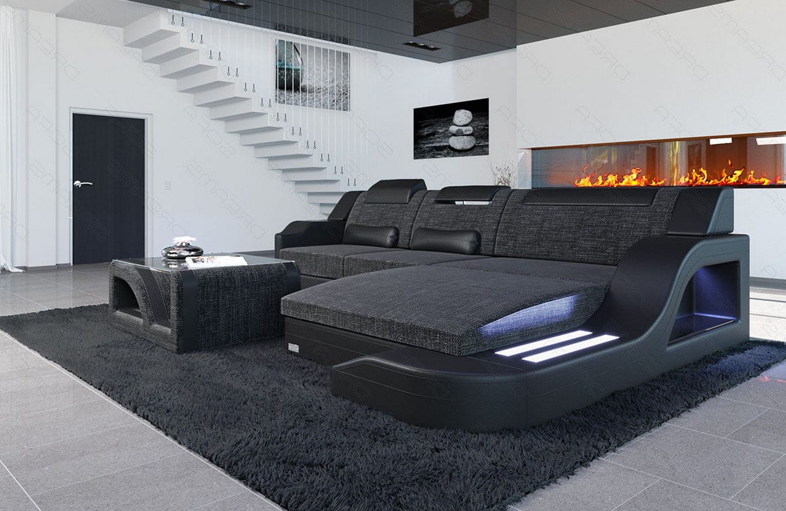 Stoffcouch Materialmix Palermo L-Form LED Schwarzgrau-Schwarz