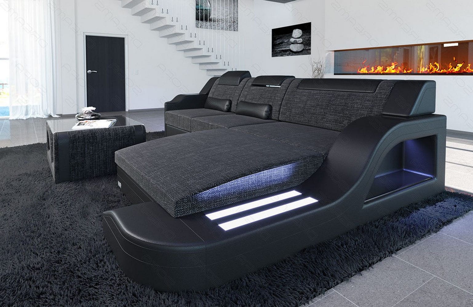 Stoffcouch Materialmix Palermo L-Form LED Schwarzgrau-Schwarz