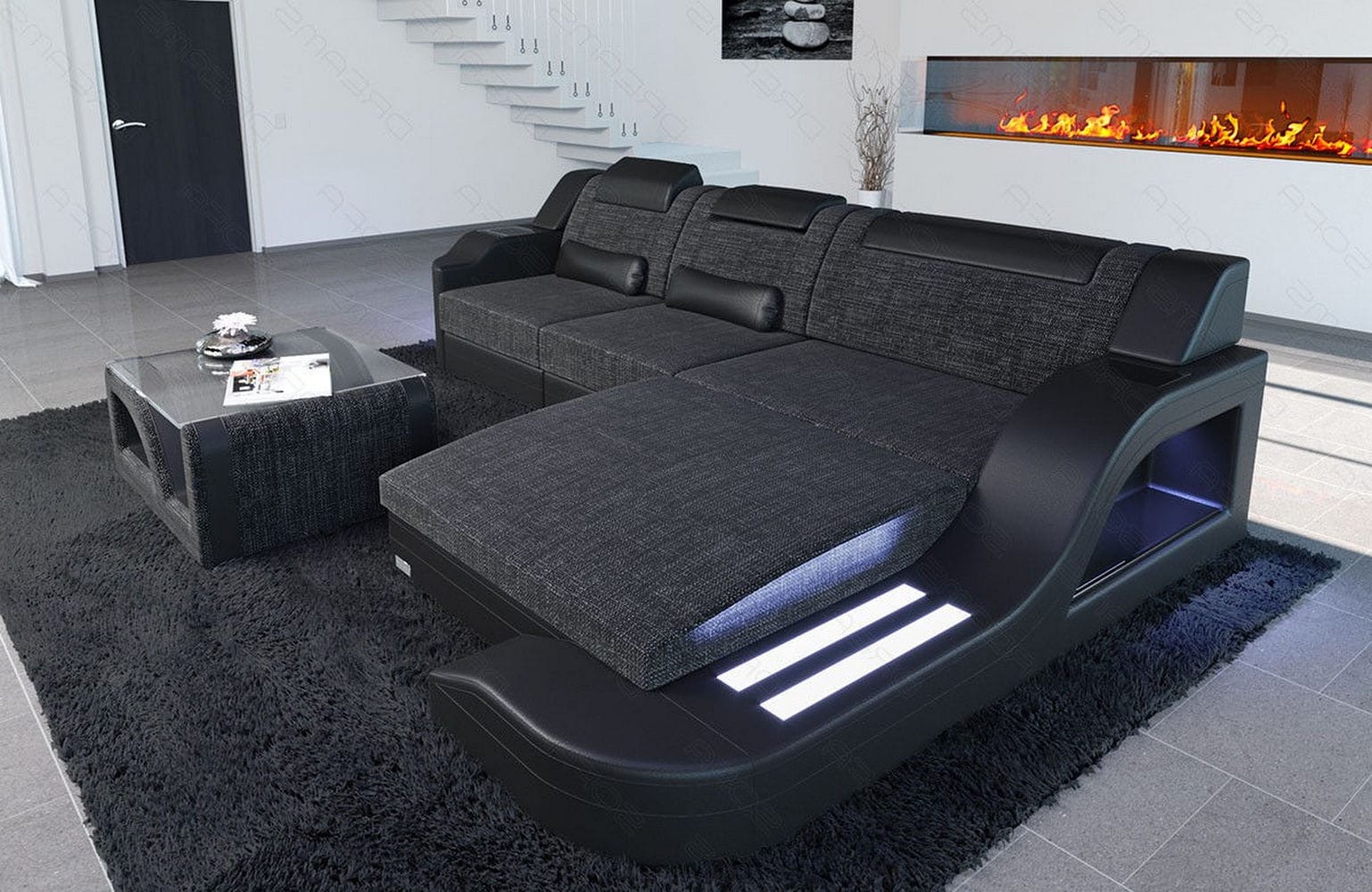 Stoffcouch Materialmix Palermo L-Form LED Schwarzgrau-Schwarz
