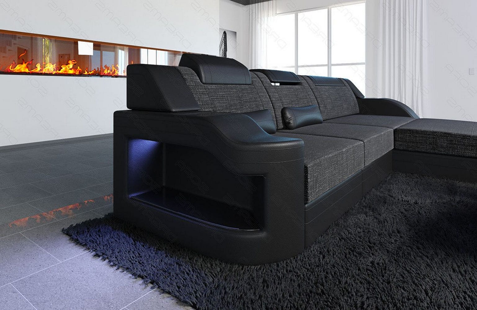 Stoffcouch Materialmix Palermo L-Form LED Schwarzgrau-Schwarz