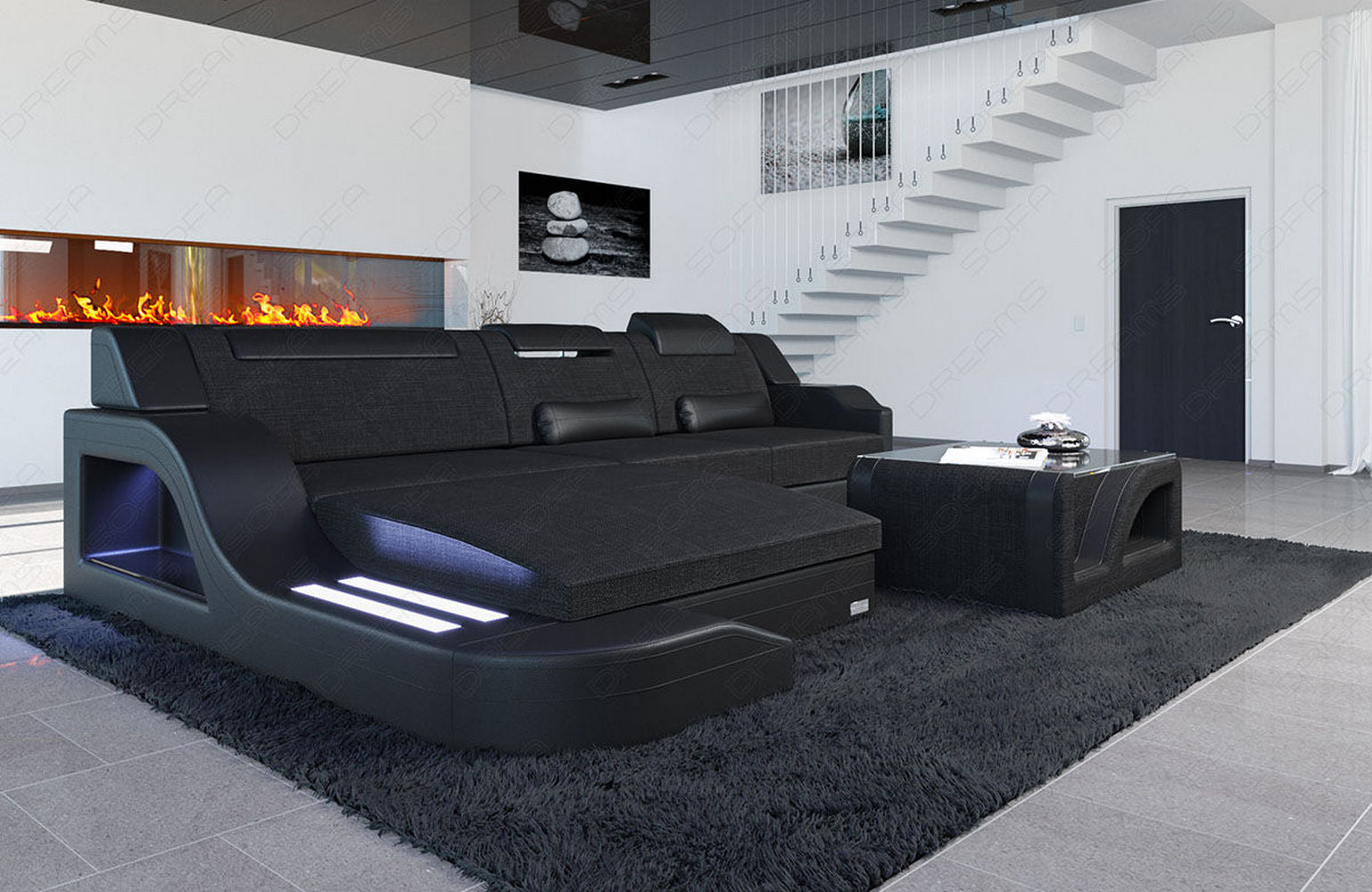 Stoffcouch Materialmix Palermo L-Form LED