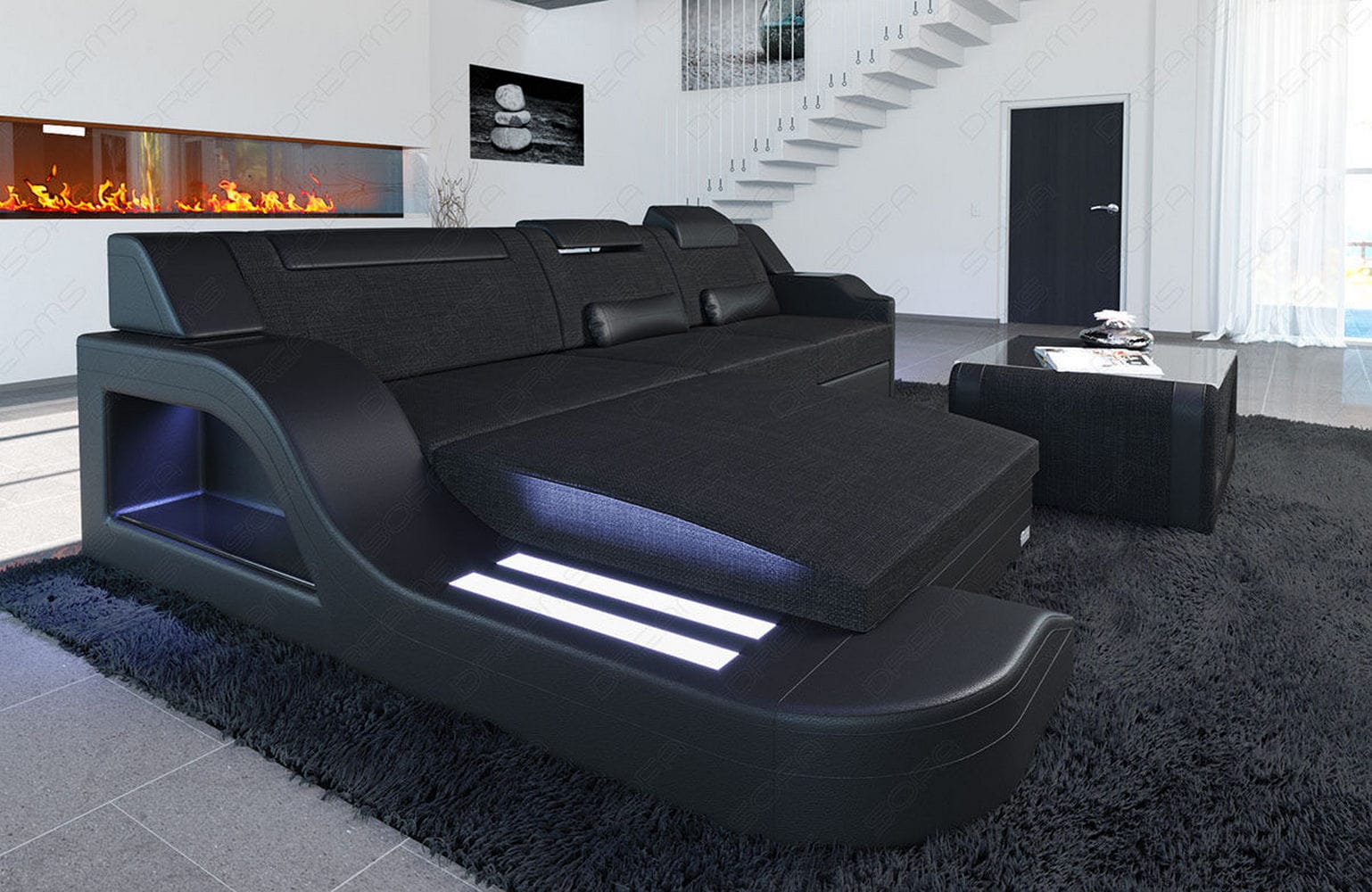 Stoffcouch Materialmix Palermo L-Form LED Schwarz-Schwarz