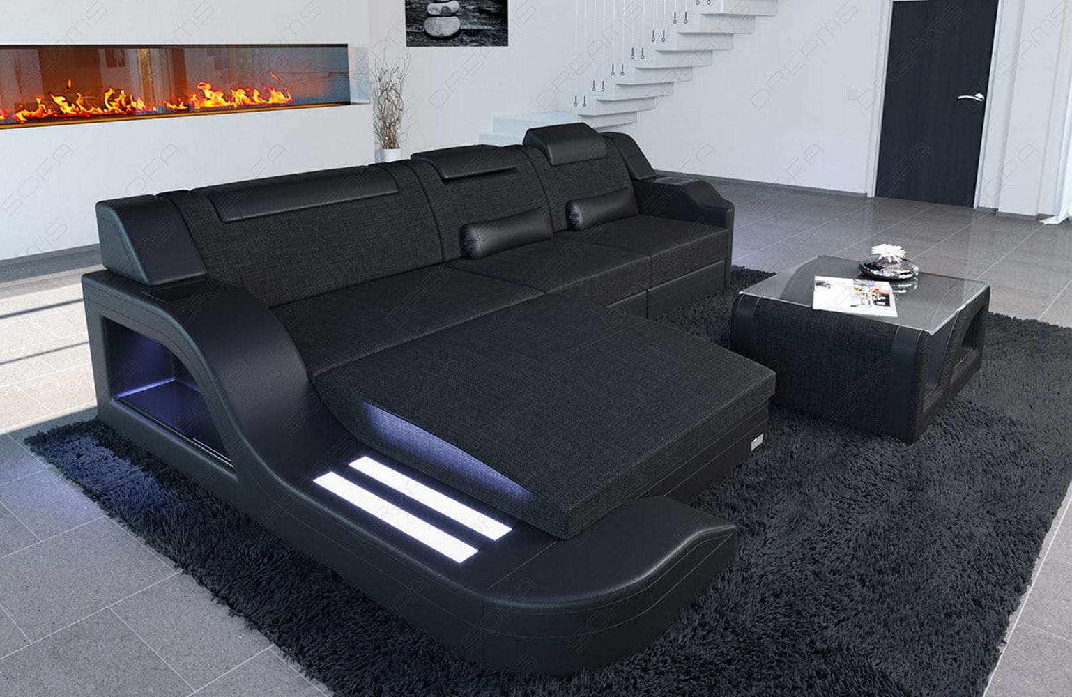 Stoffcouch Materialmix Palermo L-Form LED Schwarz-Schwarz