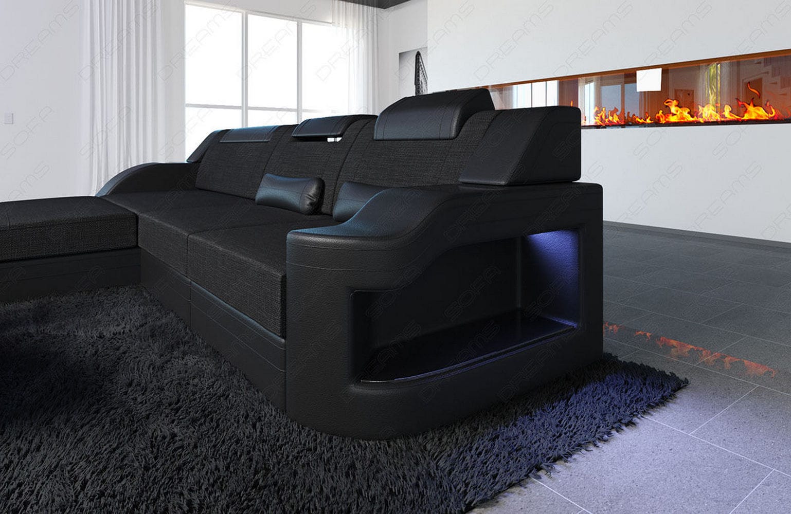 Stoffcouch Materialmix Palermo L-Form LED Schwarz-Schwarz