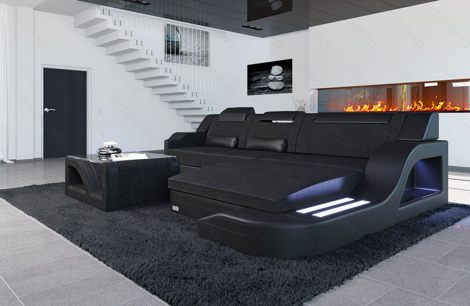 Stoffcouch Materialmix Palermo L-Form LED Schwarz-Schwarz